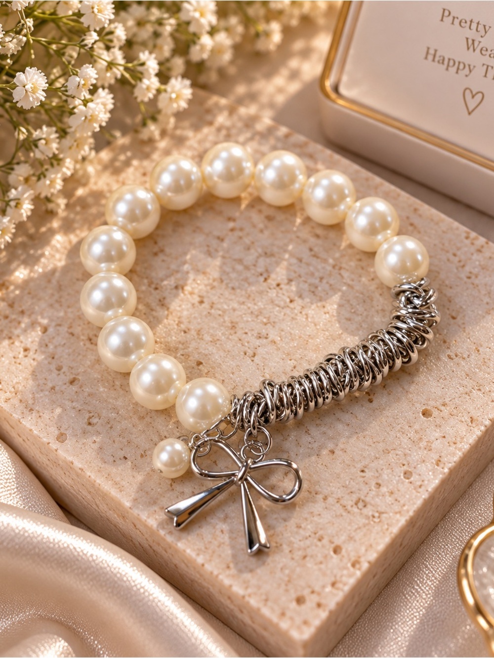 Elegant Pearl Bead Bracelet with Silver Bow Charm